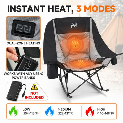 Oversized Heated Folding Rocking Camping Chair with Padded Seat
