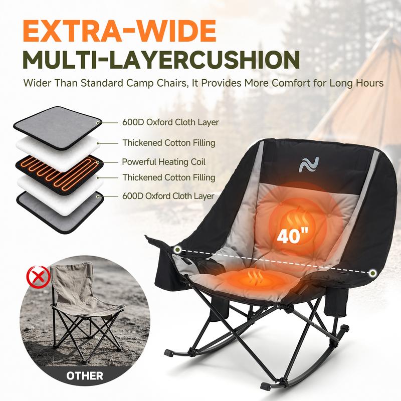 Oversized Heated Folding Rocking Camping Chair with Padded Seat