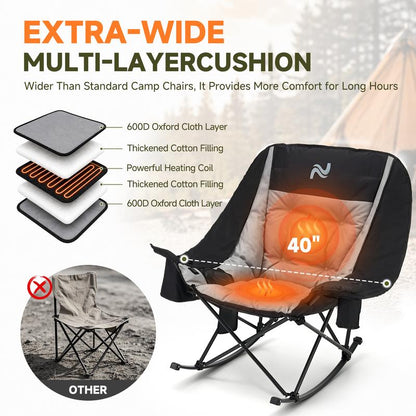 Oversized Heated Folding Rocking Camping Chair with Padded Seat