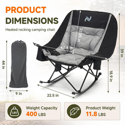 Oversized Heated Folding Rocking Camping Chair with Padded Seat