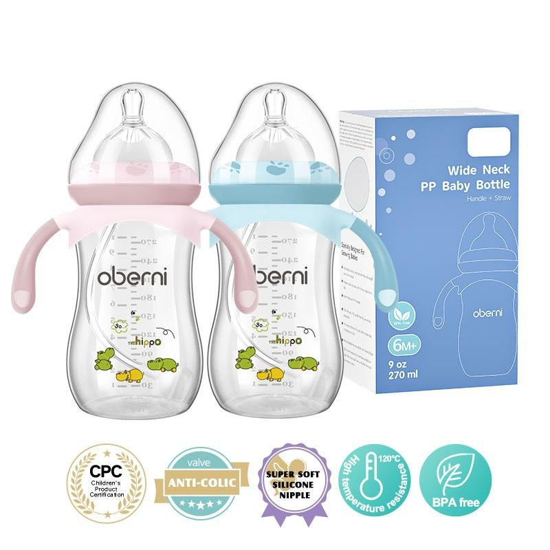 Wide Neck Anti Colic Baby Feeding Bottles with Handles and Straw