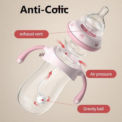 Wide Neck Anti Colic Baby Feeding Bottles with Handles and Straw